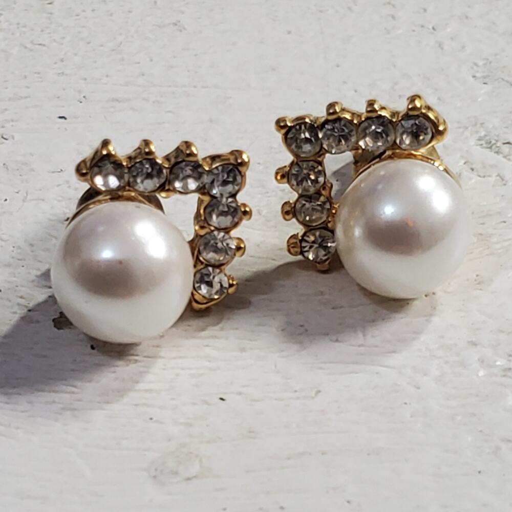 Vintage Statement Earrings Faux Pearl w/ Faux Diamonds .5 Inch